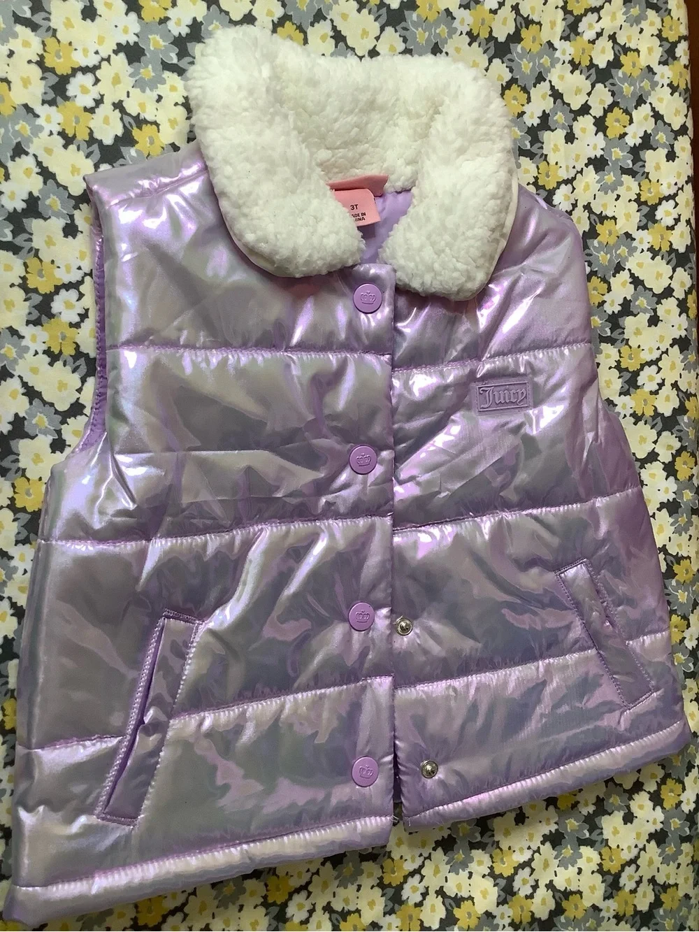 Kids Juicy Couture Iridescent Lavender Puffer Vest with Cream Sherpa Collar
